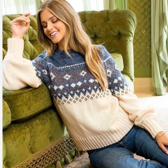 THML Fair Isle Color Block Navy Blue Cream Metallic Knit Sweater Sz L - Picture 1 of 8
